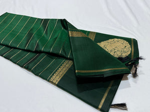 Vintage Recreation- Bottle Green with Gold Veldhari Striped body with double elephants and yazhis woven borders Handwoven Pure Jari Kanjivaram Silk Saree Beauty