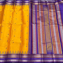 Yellow with Purple Buttas Handwoven Pure Zariless Korvai with temple borders Zariless Kanjivaram Silk Saree Beauty