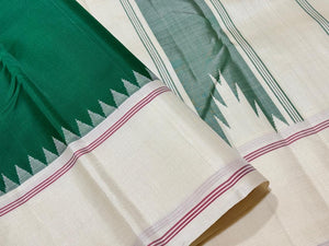 Bottle Green with Offwhite Handwoven Pure Zariless Korvai Kanjivaram Silk Saree with Temple Borders Beauty