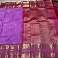 Lilac with Onion Pink Handwoven Pure Jari Kanjivaram Silk Saree with Silver Mayil Chakram motifs in body and rich borders in golden jari with beautiful pallu and contrast woven blouse