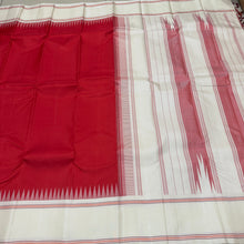 Saraswati- Red with Offwhite Temple Bordered Handwoven Premium Pure Zariless Korvai Kanjivaram Silk with beautiful offwhite borders rich seer pallu and contrast woven blouse