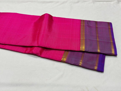 Rani Pink Purple Handwoven Pure Striped Light Weight Kanjivaram Silk Saree Beauty Striped borders