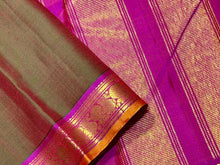 Nayaki- Beautiful Manthulir Green with Magenta Pink Handwoven Small Borders Pure Kanjivaram Silk Saree with beautiful borders rich seer pallu and contrast blouse