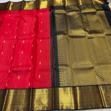 Vaibhogam- Gorgeous Red with Black Pure 2g Jari Korvai with Buttas Handwoven Kanjivaram Silk with beautiful rich borders gorgeous pallu and contrast woven blouse