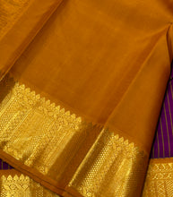 Vaibhogam- Gorgeous Deep Magenta with Mustard Handwoven Pure2g Jari Korvai Kanjivaram Silk with beautiful striped body with rich korvai borders beautiful rich seer pallu and contrast woven blouse