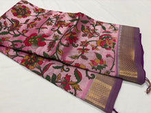 Lotus Pink with Purple Handwoven Pure Kanjivaram Hand Kalamkari Block Printed Silkcotton Saree Beauty