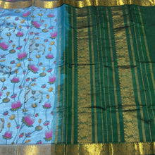 Sky Blue with Bottle Green Handwoven Pure Kanjivaram Hand Pichwai Block Printed Silkcotton Saree Beauty