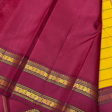 Vaibhogam- Gorgeous Yellow with Green and Arakku Red Ganga Jamuna Bordered Handwoven Pure Jari Korvai Kanjivaram Silk with neliveldhari woven beautiful body with rich rettapet borders gorgeous seer pallu and contrast woven blouse