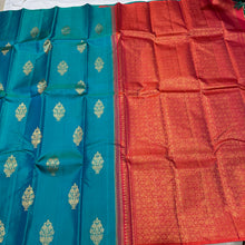 Dual tone Rama Bluish Green with Rustic Orange Pink Borderless Handwoven Pure Jari Muthukattam with Buttas Kanjivaram Silk Saree with rich pallu and contrast woven blouse