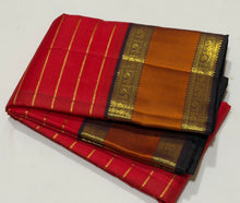 Vaibhogam- Red with Deep Pakku Brown Handwoven Pure Jari Korvai Kanjivaram Silk with Jari Veldhari woven beautiful body with gorgeous doublept silk and jari woven borders rich pallu and contrast woven blouse