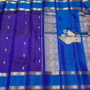 Violetish Blue with Lapis Blue Handwoven Pure Korvai Kanjivaram Silk Saree with Buttas Body Doublepet Borders rich Simhayazhi Pallu and Contrast Blouse