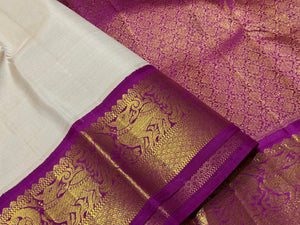 Offwhite with Purple Handwoven Pure Jari Korvai Kanjivaram Silk Saree Beauty