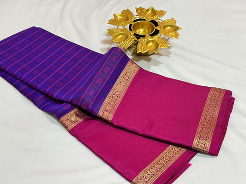 Traditional Royal Blue with Magenta Mubbakam 1000 Buttas Style woven Handwoven Pure Kanjivaram Silk Saree Beauty