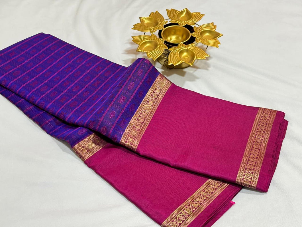 Traditional Royal Blue with Magenta Mubbakam 1000 Buttas Style woven Handwoven Pure Kanjivaram Silk Saree Beauty