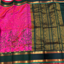 Shocking Pink with Bottle Green Handwoven Pure Korvai Long & Short Bordered Kanjivaram Hand Kalamkari Block Printed Silkcotton Beauty