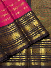 Vaibhogam- Stunning Tomato Reddish Pink with Coffee Brown Handwoven Pure Zari Korvai Kanjivaram Silk with Jari Beldhari Woven Beautiful Body with rich varisaipet borders gorgeous seer rich jari pallu and contrast veldhari striped blouse