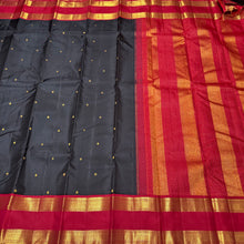 Stunning Black with Red Handwoven Pure Jari Kai Korvai Kanjivaram Silk Saree with Doublepet Borders woven body with beautiful small buttas woven all over with rich pallu and contrast woven blouse