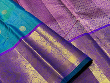 Peacock Blue Green with Purple Vairaoosi with Buttas Handwoven Pure Jari Kanjivaram Silk Saree Beauty with Long & Short Borders