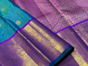 Peacock Blue Green with Purple Vairaoosi with Buttas Handwoven Pure Jari Kanjivaram Silk Saree Beauty with Long & Short Borders