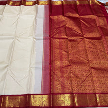 Sarasangi- Beautiful Offwhite with Arakku Handwoven Pure Jari Korvai Kanjivaram Silk with rich woven borders gorgeous pallu and contrast woven blouse