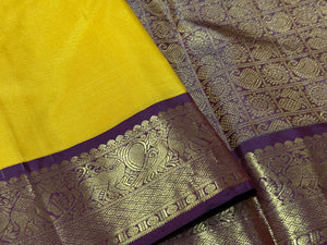 Yellow with Beetlenut Brown Pure Jari Handwoven Korvai Vairaoosi Handwoven Pure Kanjivaram Silk Saree Beauty