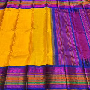 Yellow with Royal Blue and Pink Handwoven Pure Zariless Korvai Kanjivaram Silk Saree Beauty with Varisaipet Borders