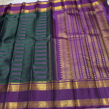 Vaibhogam-Stunning Bottle Green with Purple Handwoven Pure Jari Korvai Kanjivaram Silk with pattu veldhari strips woven beautiful body with rich rettapet borders gorgeous pallu and contrast woven blouse