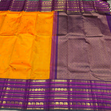 Vaibhogam- Stunning Mambazha Orange (Mango Orange) with Deep Purple Varisaipet Borders with Buttas Handwoven Pure Jari Korvai Kanjivaram Silk with stunning borders rich lakshadeepam style woven pallu and contrast woven beautiful blouse