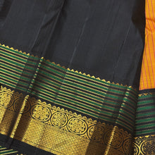 Stunning Mango Yellow with Bottle Green and Black Handwoven Jari Korvai Kanjivaram with striped body rich double side varisai borders with meenakari strips and kamalam motifs and mayilkan bhttas woven in the borders rich pallu and contrast woven blouse