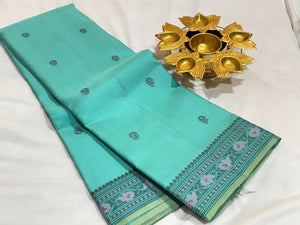 Turquoise Blue Green Handwoven Pure Zariless Soft Kanjivaram Silk Saree with Buttas body and meenakari borders striped blouse beauty