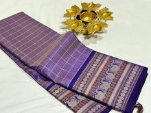 Lavenderish Blue with royal blue checks with Sorgavasal Pallu Handwoven Pure Zariless Kanchipuram Silk Sarees Beauty with varisai borders