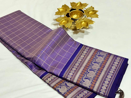 Lavenderish Blue with royal blue checks with Sorgavasal Pallu Handwoven Pure Zariless Kanchipuram Silk Sarees Beauty with varisai borders