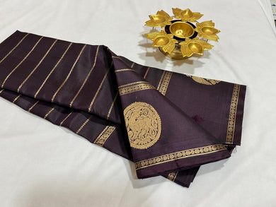 Deep Pakku (Beetlenut) Brown Handwoven Pure Kanjivaram Silk saree in Jari Neli Beldhari woven body with Gandaberundas and Yazhis butta woven borders rich pallu and self colorer blouse beauty