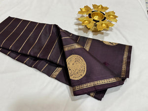 Deep Pakku (Beetlenut) Brown Handwoven Pure Kanjivaram Silk saree in Jari Neli Beldhari woven body with Gandaberundas and Yazhis butta woven borders rich pallu and self colorer blouse beauty