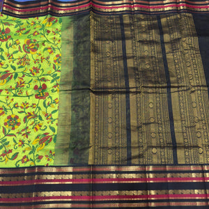 Parrot Green with Black Pure  Handwoven Korvai Kanjivaram Pichwai Block Printed Silkcotton Saree