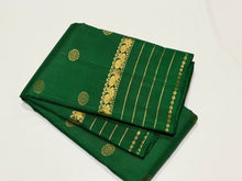 Sahana- Beautiful emerald green with gold handwoven Pure Kanjivaram Silk with beautiful chakram buttas and borders rich pallu and self colored blouse beauty