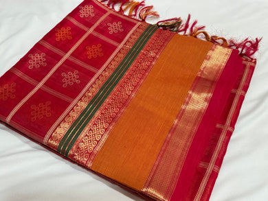 Premium Red Kolam Motifs Handwoven Pure Kanjivaram Silkcotton Saree Beauty