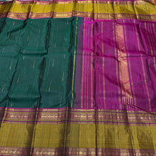 Bottle Green with Dark Wine Broad Rettapet Borders with Mallimoggu Buttas Handwoven Pure Jari Kanjivaram Silk Saree Beauty