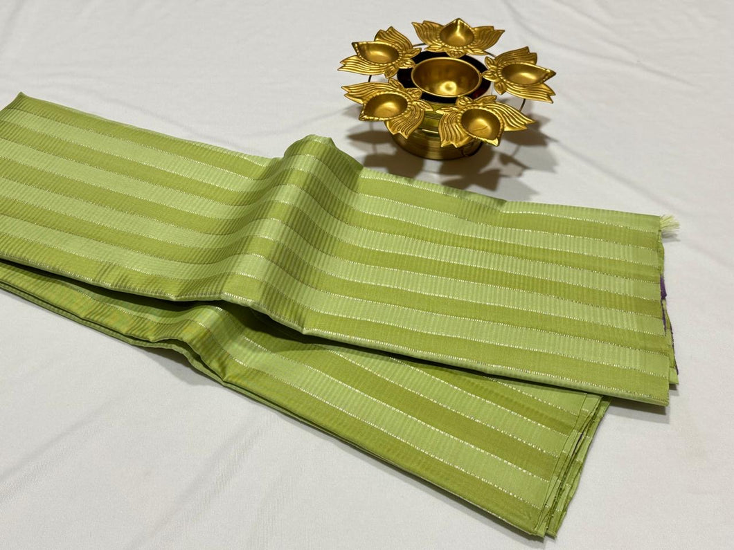 Light Pista Green with Lavender Borderless Silver Jari Striped Handwoven Pure Kanjivaram Silk Saree Beauty