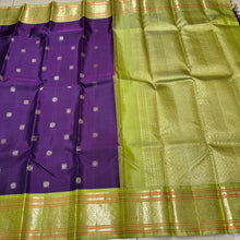 Gorgeous Aubergine Purple with Pastel Green Silver and Twisted Gold and Silver Jari Handwoven Pure Korvai Kanjivaram Silk Saree