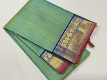 Pastel Green with Peacock Blue Handwoven Pure Jari Kanjivaram Silk Saree with beautiful borders rust selvedges rich pallu and contrast woven blouse