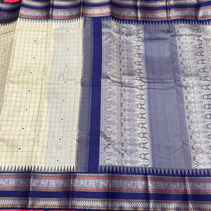 Offwhite with Navy Blue Muthukattam with Buttas Handwoven Pure Zariless Kanjivaram Zariless Korvai Kanjivaram Silk Saree Beauty