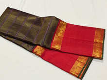 Vaibhogam- Stunning Kanchana Blackish Brown with Deep Red Handwoven Pure Vairaoosi and Neli Veldhari woven Korvai Kanjivaram Silk with broad rettapet borders rich pallu and contrast l woven blouse