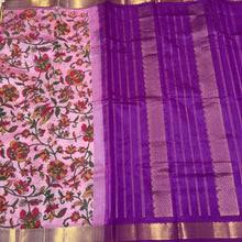 Lotus Pink with Purple Handwoven Pure Kanjivaram Hand Kalamkari Block Printed Silkcotton Saree Beauty