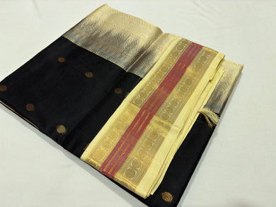 Stunning Black and Offwhite Handwoven Buttas Korvai Pure Kanjivaram Silkcotton Saree