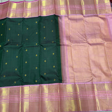 Bottle Green with Peachish Pink Korvai with Buttas Handwoven Pure Jari Kanjivaram Silk Saree Broad Borders Beauty