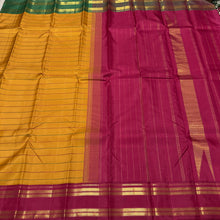 Sarasangi- Gorgeous Mustard with Ganga Jamuna Borders Handwoven Pure Jari Korvai Kanjivaram Silk with Neli Veldhari woven beautiful body with beautiful ganga jamuna doublepet borders classic seer pallu and contrast woven arakku red blouse