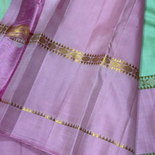 Sahana- Gorgeous Pastel Pista Green with Lotus Pink Handwoven Pure Jari Kanjivaram Silk with Striped body beautiful borders rich pallu and contrast woven blouse