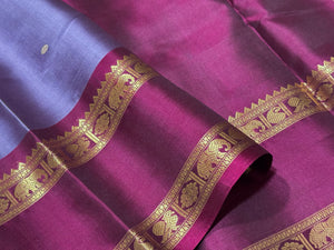 Mauve with Deep Maroonish Magenta Buttas with Rettapet Borders Handwoven Pure Jari Kanchipuram Silk Saree with Peacock Butta woven pallu beauty