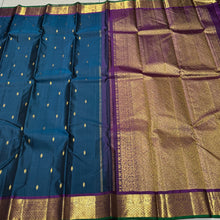 Sapphire Blue with Dark Purple Buttas Handwoven Pure Jari Kanjivaram Silk Saree with rich borders with green selvedges gorgeous pallu and contrast woven blouse